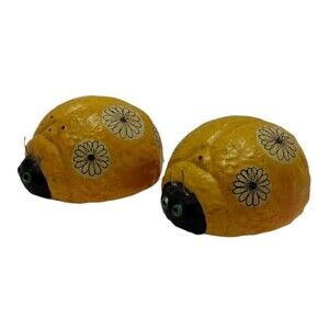 Vintage Ladybug Salt Pepper Shakers Yellow Floral Spots Daisy Blue Eyes Antenna